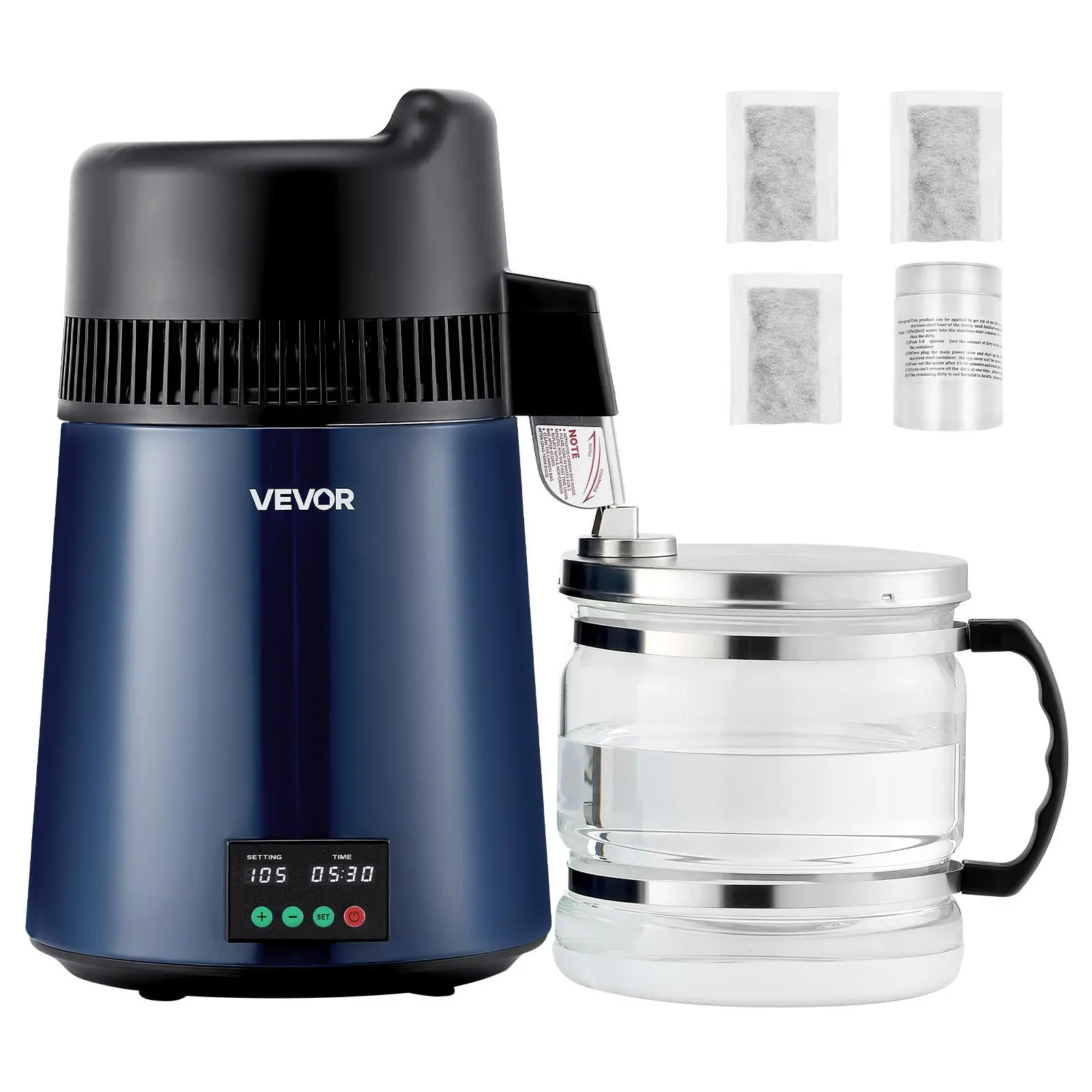 【Summerfinds】VEVOR Water Distiller, 6L 1.6 Gallon Larger Pure Water Purifier Filter For Home Table Countertop, 900W Glass Pot Distilled Maker, Stainless Steel Body Drinking Machine to Make Clean Waters, Blue-Black