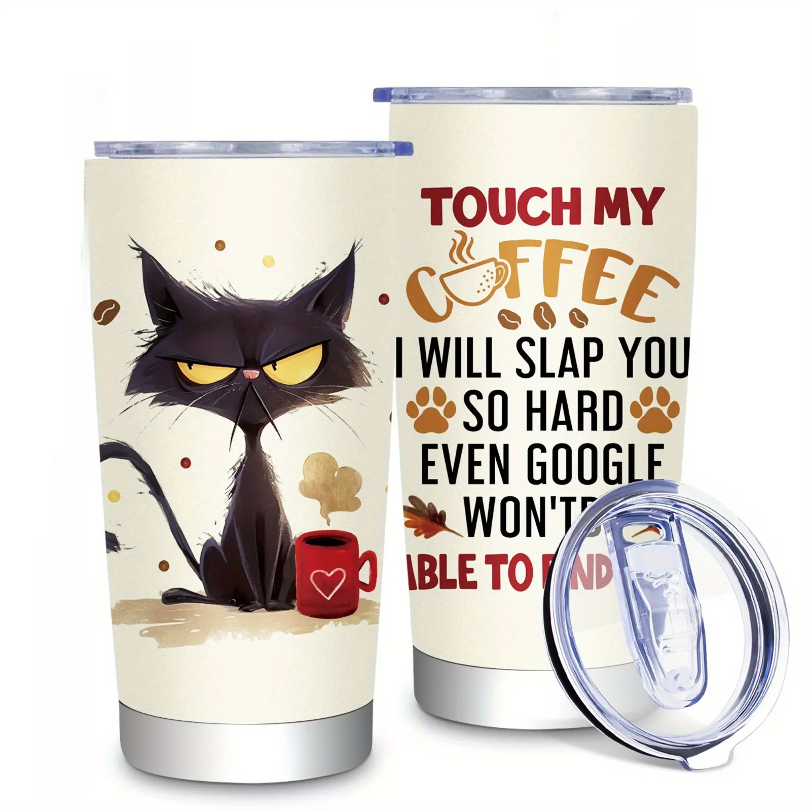 20oz Printed Vacuum Insulated Stainless Steel Flask - Portable Cat Lover Gift with Lid, "Touch My Coffee I Will Slap You" Sarcastic Quote, Ink-Designed Office Birthday Gag Drinkware for Women, Flasks