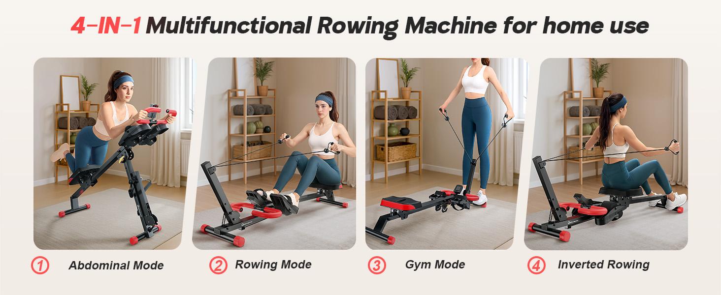 WARMOUNTS Rowing Machine, 4 in 1 Adjustable Ab Machine with 4 Levels and 4 Heights, Foldable Rowing Machine for Home Gym with LCD Display, 266lbs Weight Capacity