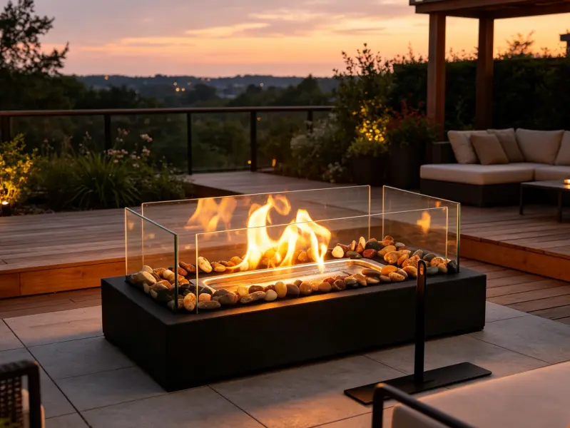 Rectangle Tabletop Ethanol Fire Pit, Portable Indoor Outdoor Smokeless Fireplace with Glass Guard & River Stones, Cozy Mini Table Fire Bowl for Home Decor Patio Balcony Night Ambiance