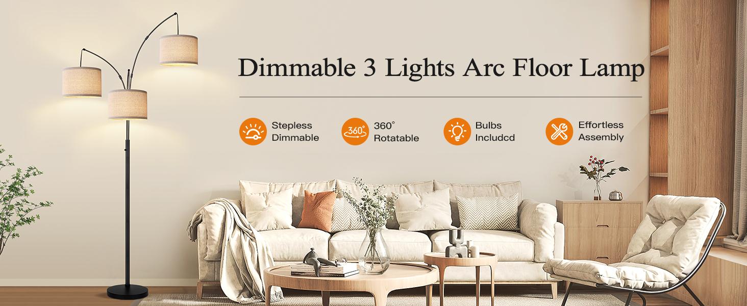 Hoodink Dimmable Floor Lamp - 3 Lights Arc Floor Lamps for Living Room, 1000LM Modern Tall Standing Lamp With Beige Shades & Heavy Base, Mid Century Tree Floor Lamp for Bedroom Office, 3 LED Bulbs Included