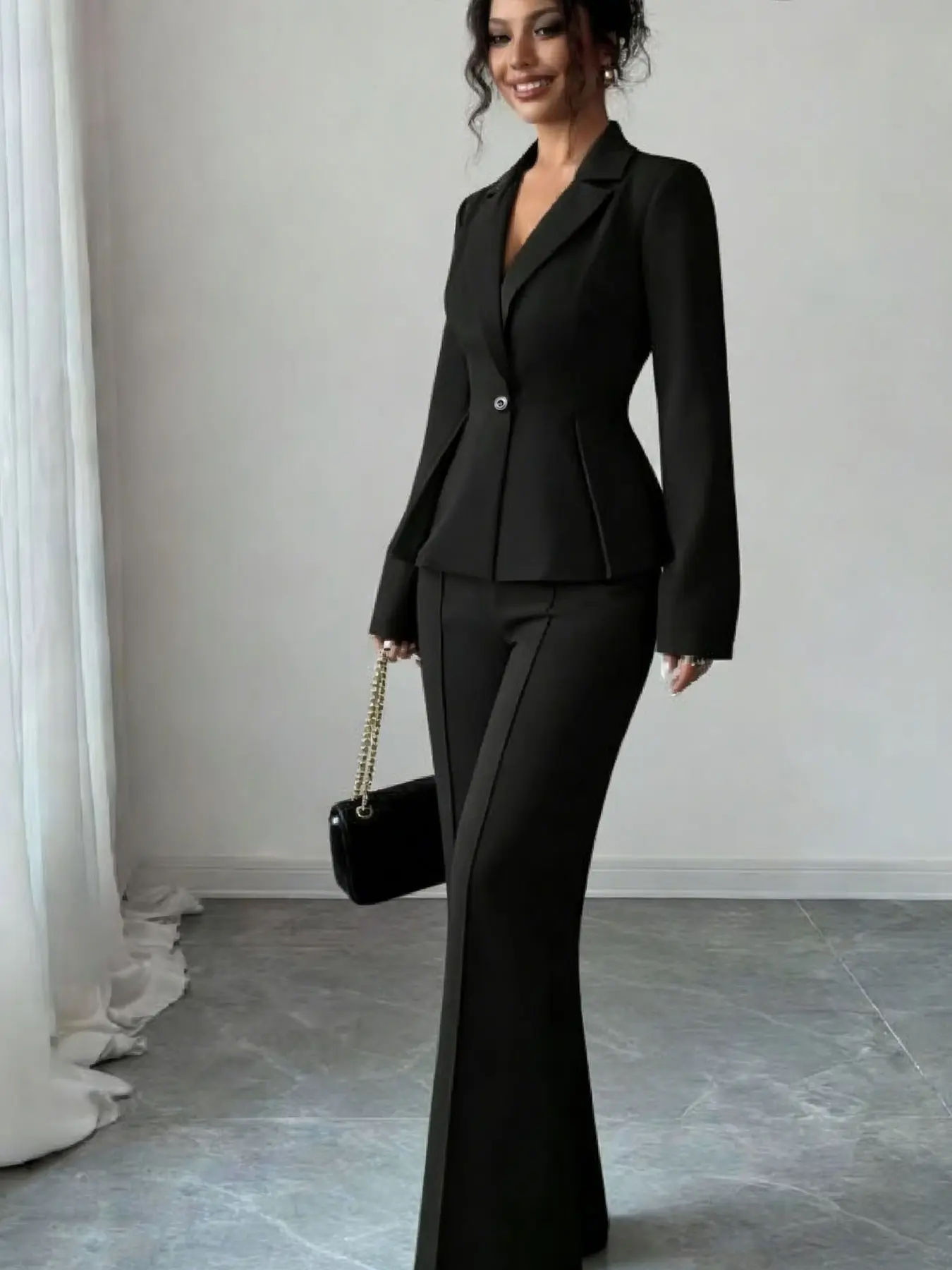 Two-piece women's black lapel, Formal office suit, multi-button waist-cinching pleated hem long sleeve blazer high-waisted long-legged suit pants suitable for all seasons, daily attendance, events, Womenswear