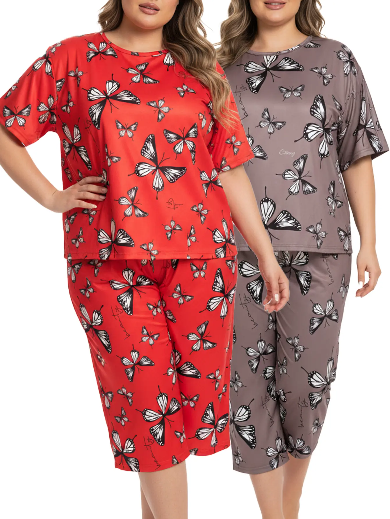 Women’s Plus Size Summer Pajama Set – Two-Piece Double-Tone Short-Sleeve Loose Casual Butterfly Print Homewear Set