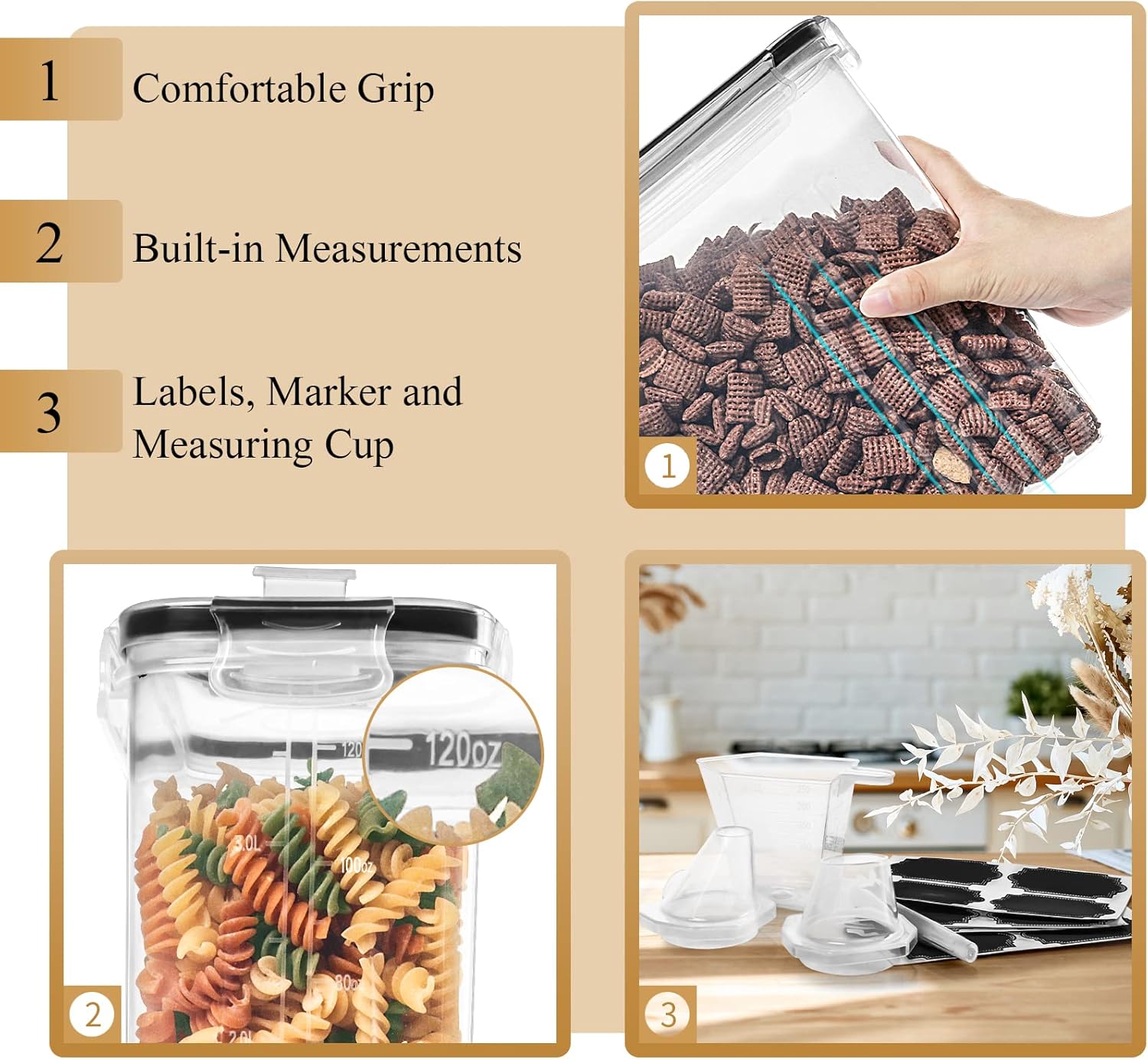 AISOON 8 PCS 4 Pack Airtight Cereal Containers Food Storage Containers & Cereal Dispenser For Pantry Organization Canisters For Kitchen Counter Set Lids