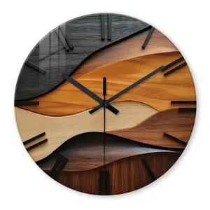12-inch 2D flat art creative round glass wall clock, wood grain Nordic-style ripple design, 4 mm thick tempered glass, silent tick-tock mechanism, high-quality movement, living room bedroom home decor art piece, holiday gift
