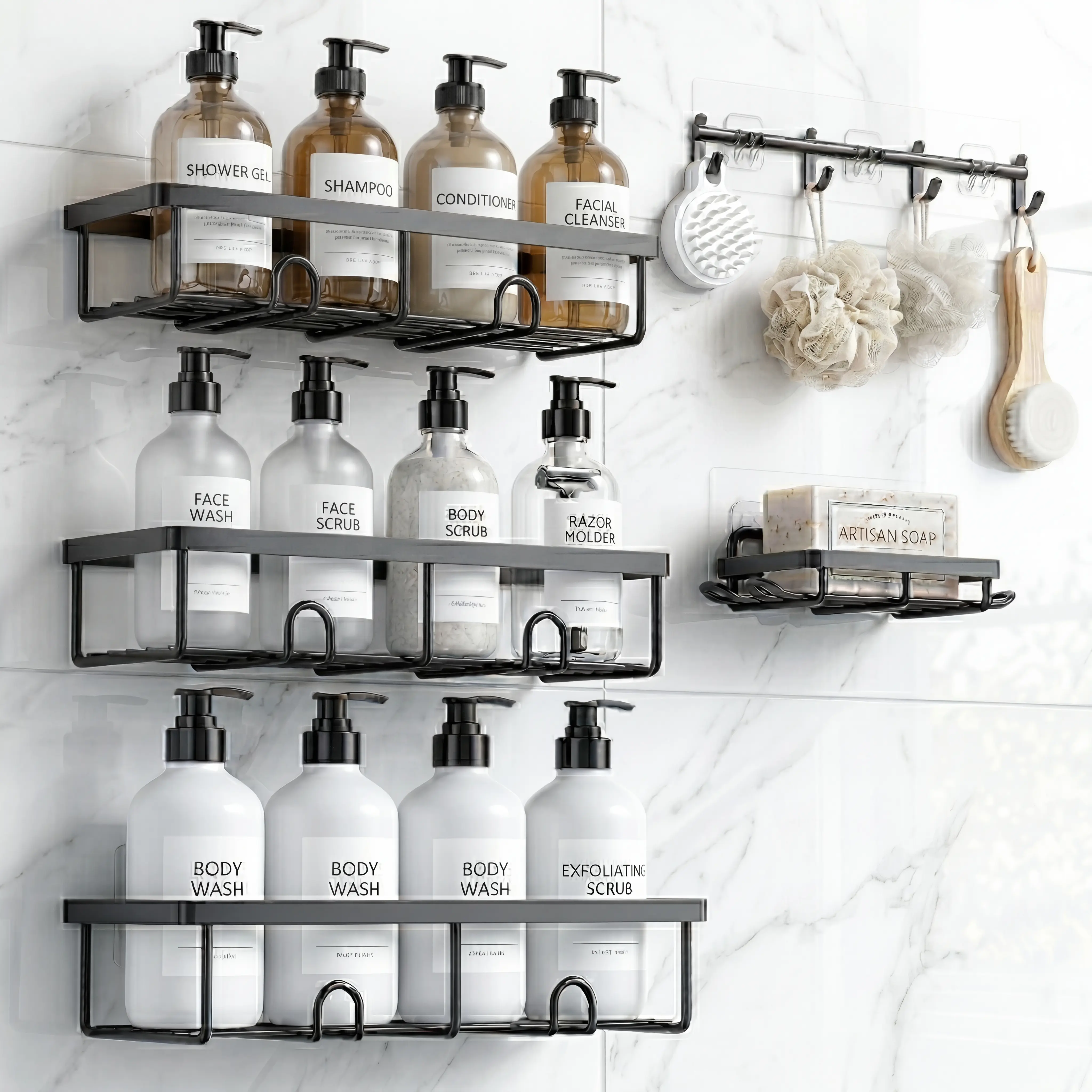 【mid year sale】Rustproof Black Shower Caddy Set bathroom towel Stainless Self-Adhesive Steel summerwins,home essentials