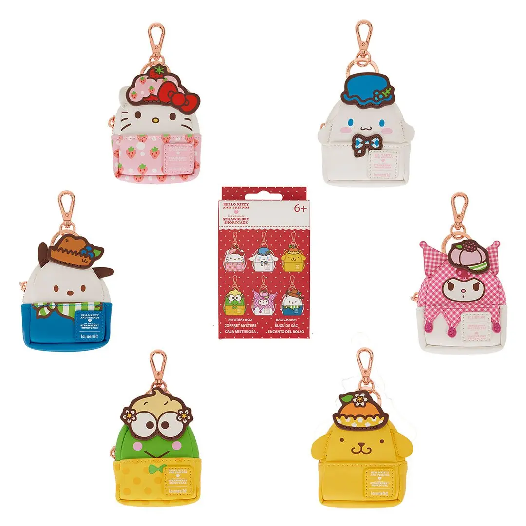 Loungefly Sanrio Hello Kitty & Friends x Strawberry Shortcake Cosplay Mini Backpack Clip-On Keychain Charm, Cute Collectibles Faux Leather Bag Accessory with Cartoon Print, Mystery Packaging, Cartoon Character, Clip-On Keychain Charms & Twillies, 2.25”W X