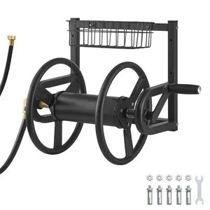VEVOR Wall Mounted Garden Hose Reel,  Holds 125 ft 5/8-inch Hose, Heavy-Duty Water Hose Winder, Space-Saving Design, Outdoor Manual Reel with Brass Fitting and Storage Basket for Yard Lawn