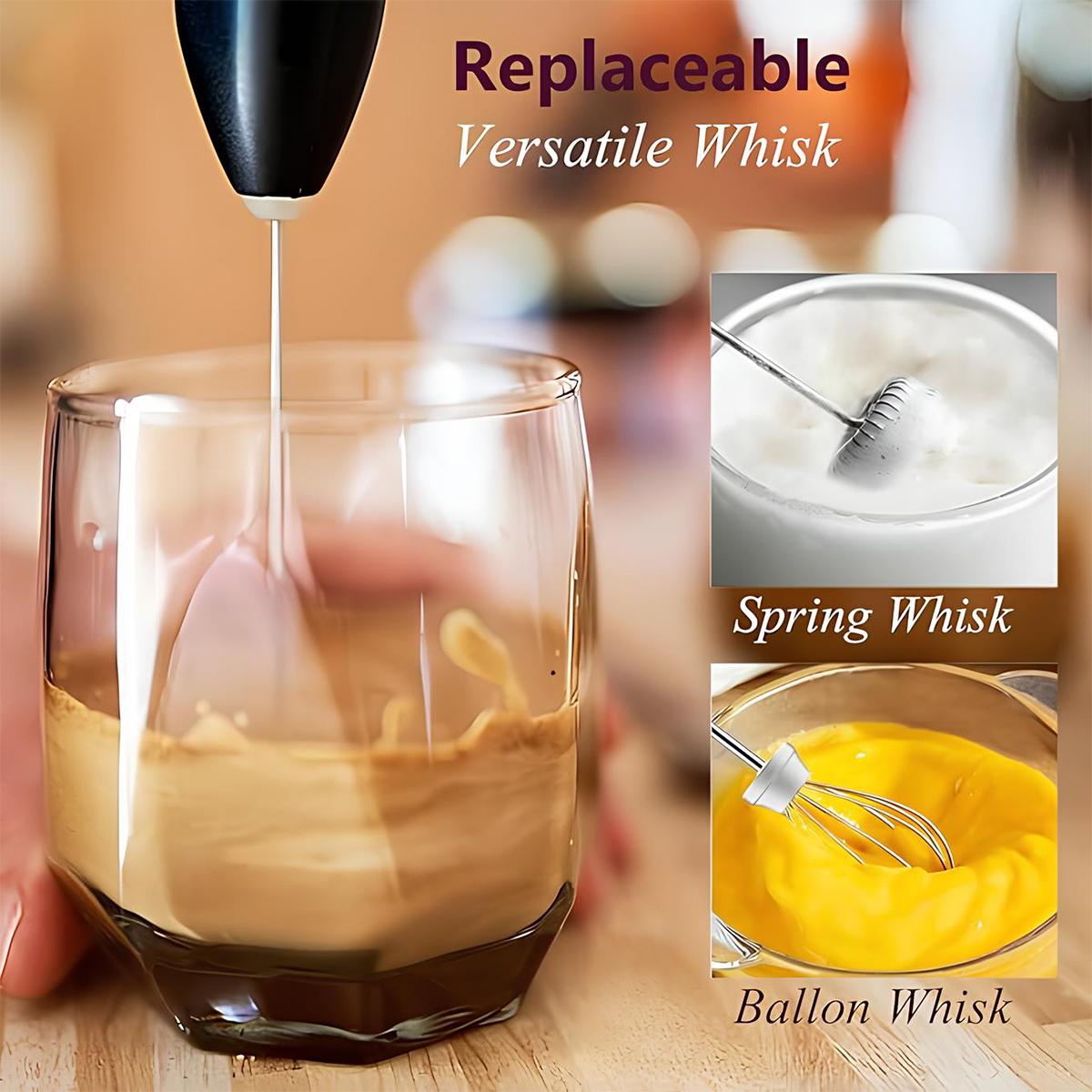 Rechargeable Handheld Milk Frother Wand for Coffee,Waterproof Detachable 3-Speed Adjustable Drink Mixer & Milk Foamer with 3 Stainless Steel Whisks for Lattes, Cappuccino