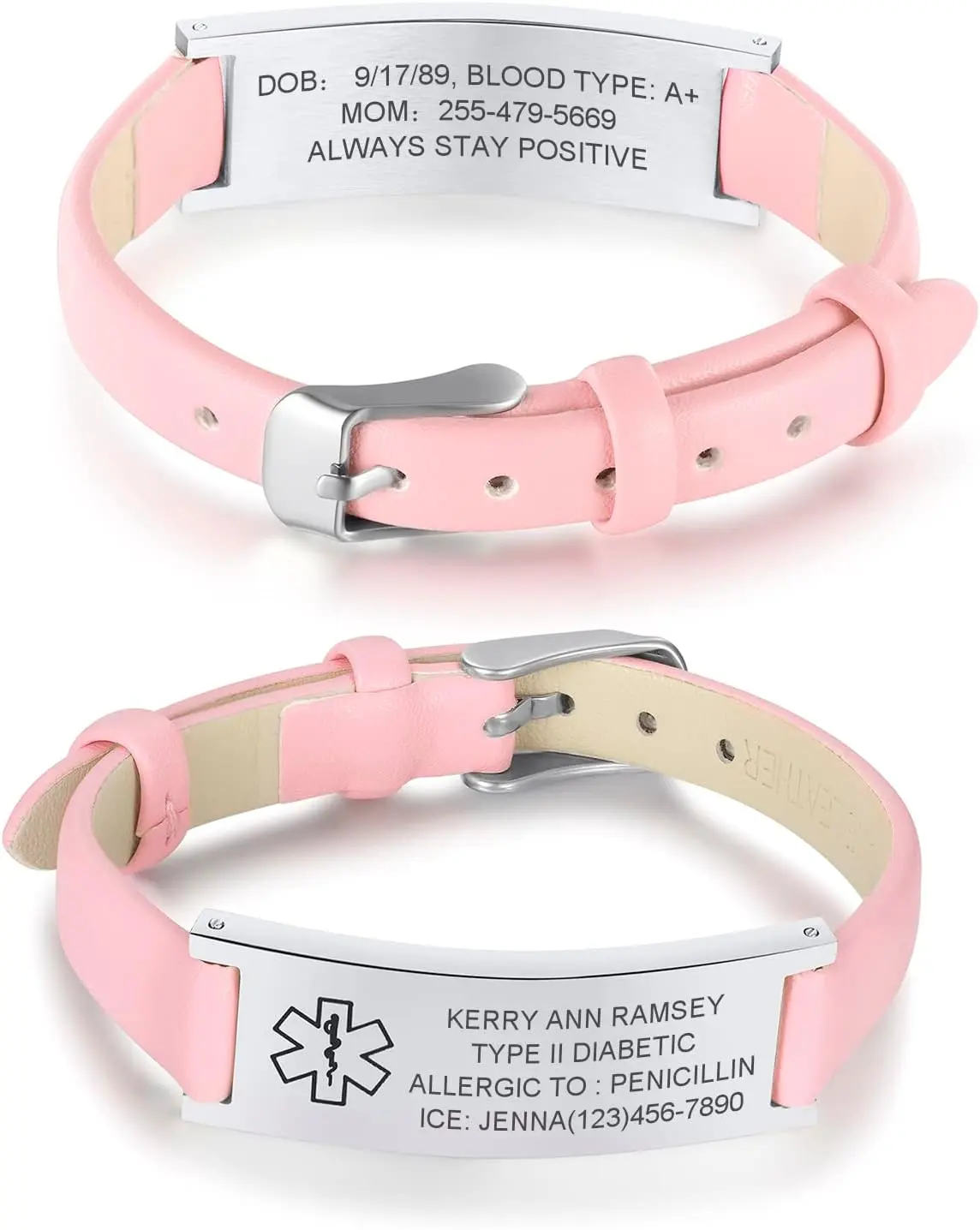 Women's Personalized Stainless Steel Medical Alert Bracelet - Buckle, Leather Strap, Custom Text Engraved Tag, Daily Wear Emergency Jewelry for Diabetes/Allergy, Free Engraving