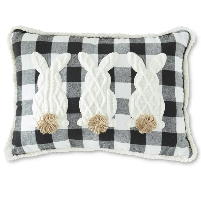 B&W Checkered 3 Bunnies w/Pom Pom Tails Pillow