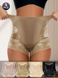 QUASTI 4PCS High-Waisted Glossy Fabric Lace Patchwork Women's Underwear, Soft Seamless Breathable Panties, Elegant Sexy Tummy Control Briefs, S-XXL SpringStatements