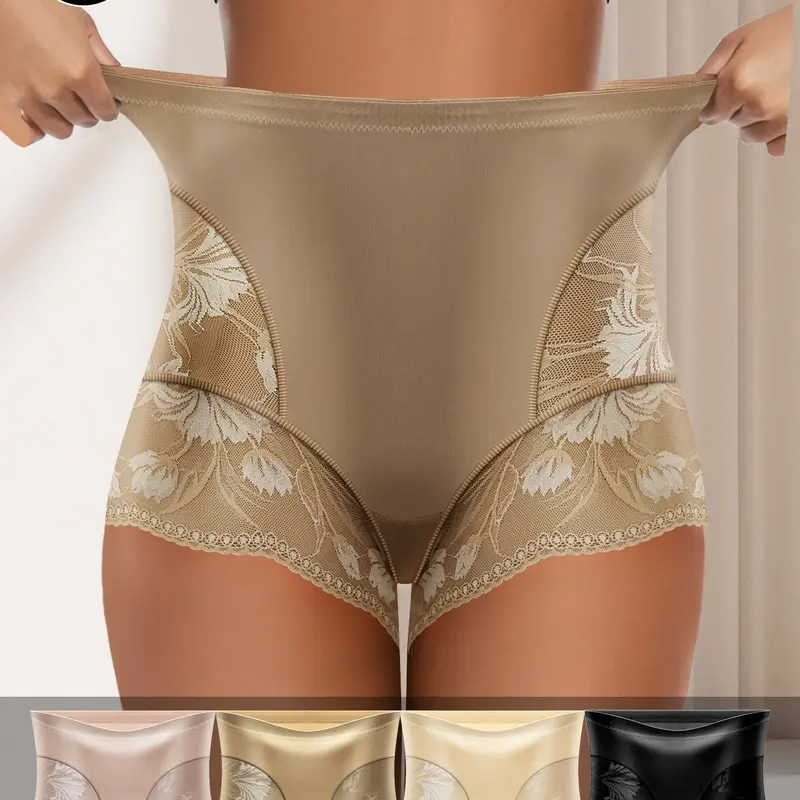 QUASTI 4PCS High-Waisted Glossy Fabric Lace Patchwork Women's Underwear, Soft Seamless Breathable Panties, Elegant Sexy Tummy Control Briefs, S-XXL