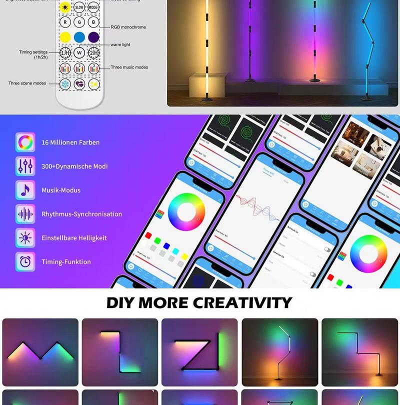 The NEXillumi Smart RGB Floor Lamp supports app and remote control, features a foldable design for DIY customization, a 360° rotating light tube, and music-synchronized timer settings. Suitable for bedrooms, living rooms, home décor, and as a gift.