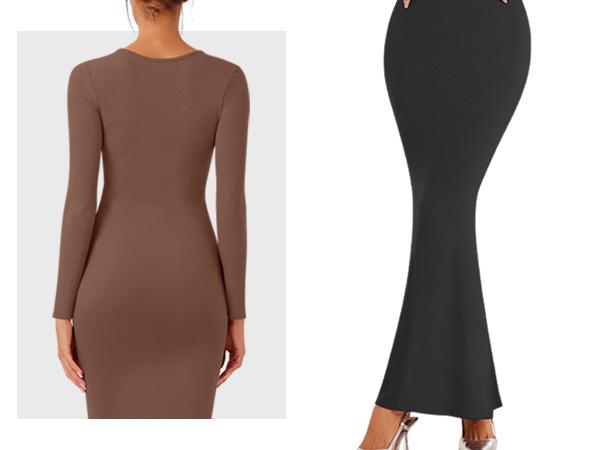 REORIA Women's Chic Black Square Neck Long Sleeve Bodycon Maxi Dress Autumn Casual Ribbed Soft Lounge Dresses Women's Wear Elegant Machine Washable Basic Minimalist Style