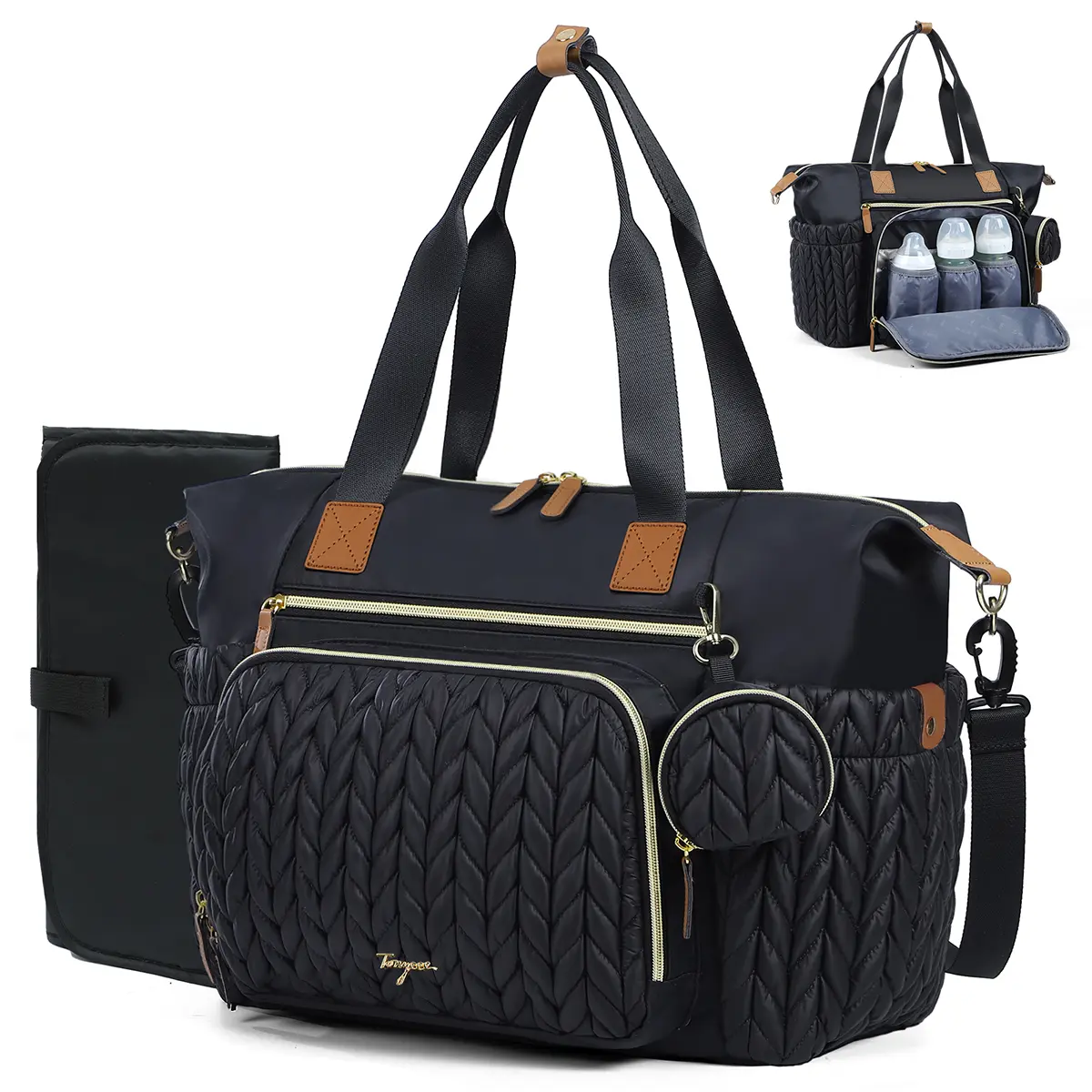 TONYEEE Multifunctional Lightweight Nylon Herringbone Diaper Handbag Tote, Large Waterproof Diaper Bag with Pacifier Case & Changing Pad, Hospital Labor Delivery Bag for Moms, Black, Lightweight Diaper Handbag