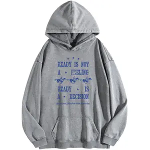 Holafish Men Women's "Ready Is Not A Peeling" Print Acid Wash Hoodie Vintage 2025 Oversized Loose Fit Winter Warm Streetwear Casual Tunic Graphic Long Sleeve Sweatshirt