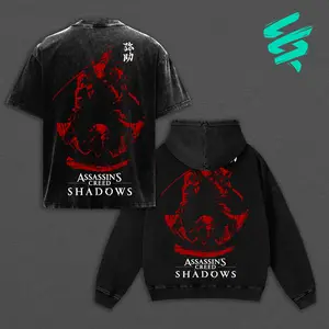 Assassin's Creed Shadows Yasuke Samurai T-Shirt Hoodie, Vintage Washed Oversized Graphic Tee, Japanese Streetwear Aesthetic, Retro Harajuku Cotton Top, Gamer Gift for Men Women, High Quality Streetwear