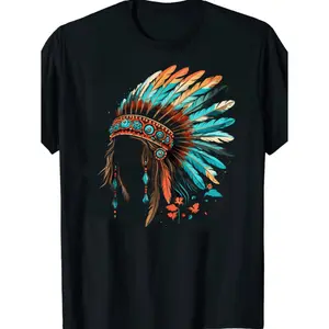 Native American Indian Headdress Graphic T Shirt for Men Casual Cotton Tee with Feather Detail Round Neck Knit Fabric Regular Fit Sizes S XXXXXL Ideal for Training and Outdoor Activities