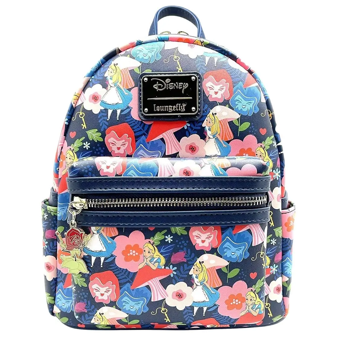 Loungefly Disney Alice in Wonderland Golden Afternoon Mushroom Allover Print Casual Mini Backpack, Casual Backpack