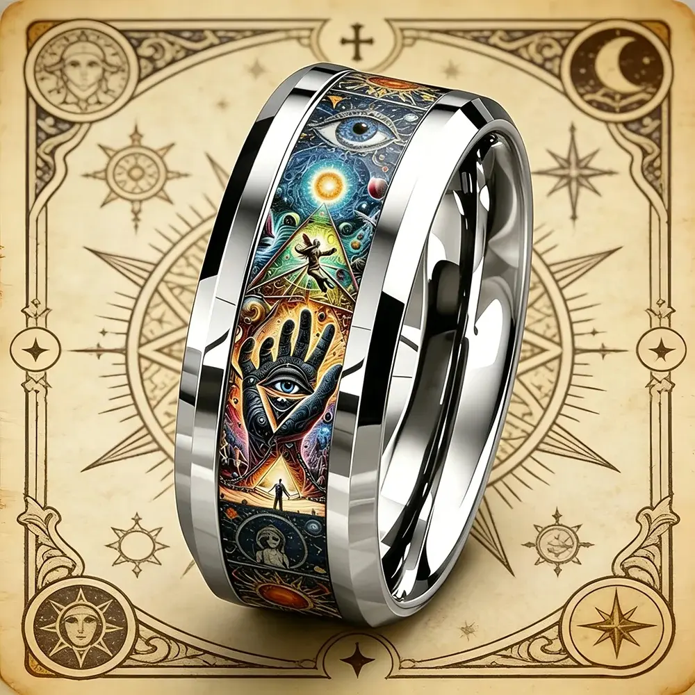 Vintage Men Stainless Steel Ring with Mystical Esoteric Tarot & All Seeing Eye Pattern Inlay Rings for Men Women Wedding Jewelry
