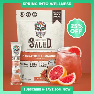 Salud 2-in-1 [Hydration & Immunity - Paloma] Electrolytes Powder, Agua Fresca Drink Mix, Elderberry, Dairy & Soy Free, Non-GMO, Gluten Free, Vegan, Low Calorie, 1g Sugar (15 Servings), Spring Glow Up