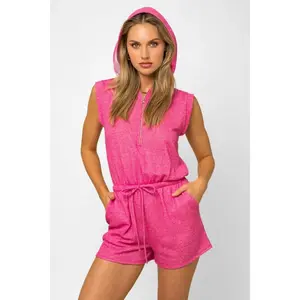Basic Soft Comfy Pink Sleeveless Half Zipper Hoodie Romper