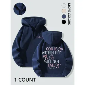 Women's Letter & Bow Print Hoodie, Casual Long Sleeve Hooded Sweatshirt for Spring & Fall, Ladies Clothes for Daily Wear, Blue Top