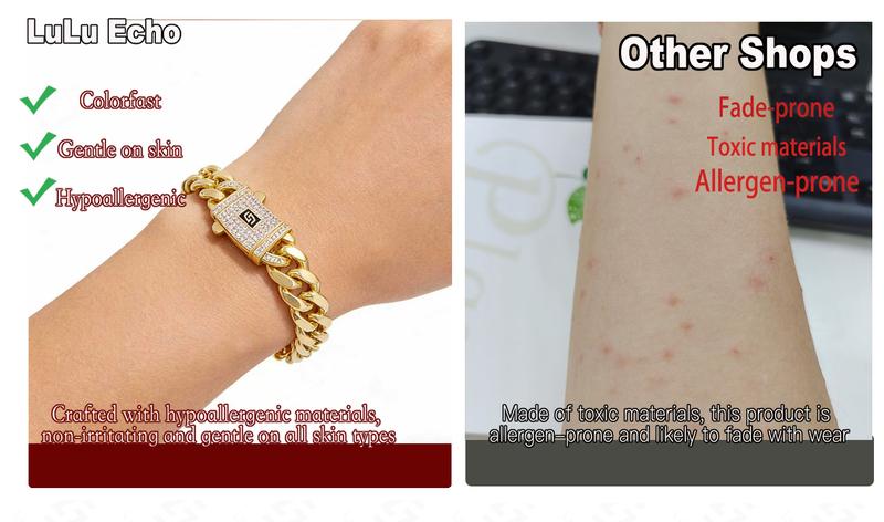 LuLu Echo 14K Gold Plated Luxury Bracelet Waterproof Fade-Resistant Non-Allergenic 6mm 8mm 10mm 12mm 14mm Sizes for Casual Business Leisure