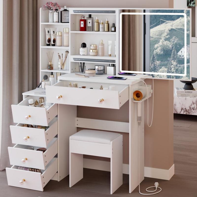 37" Middle Size Left Bedside Cabinet Vanity Table + Cushioned Stool Dresser Set, 2 AC+2 USB Socket, Hair Dryer Stand, Large Touch Control LED Sliding Mirror, 3-color Switch, EPA, GCC, UL Certificate 37" Middle Size Left Bedside Cabinet Vanity Table + Cushioned Stool Dresser Set, 2 AC+2 USB Socket, Hair Dryer Stand, Large Touch Control LED Sliding Mirror, 3-color Switch, EPA, GCC, UL Certificate