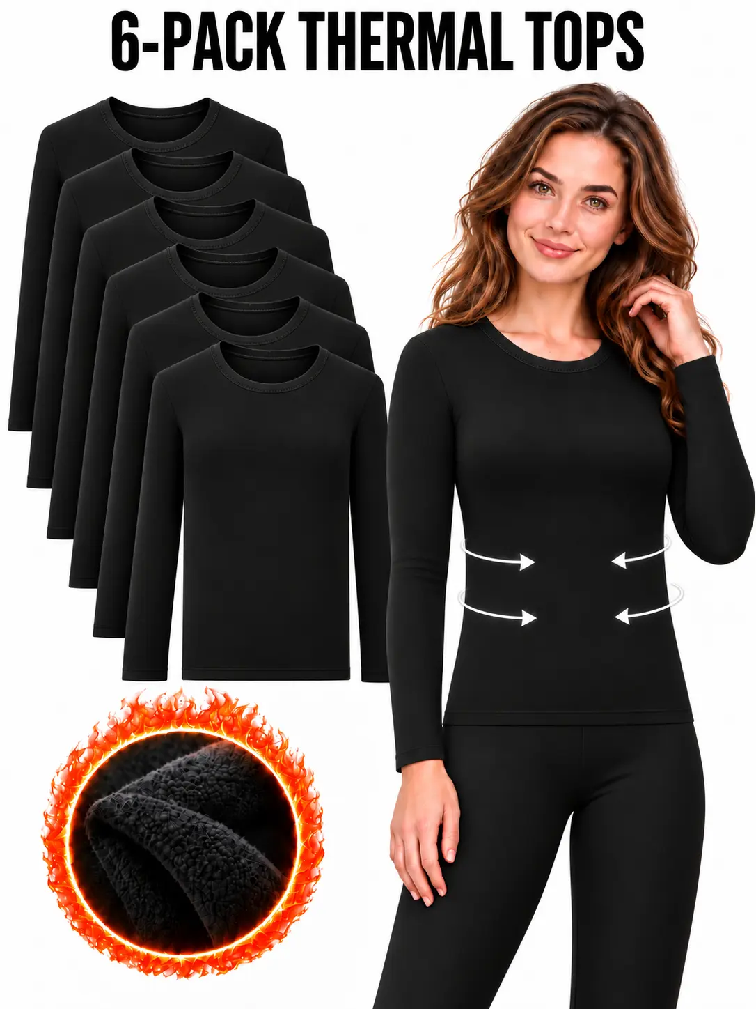 Women's 6-Pack Fleece-Lined Thermal Base Layer Tops - Long Sleeve Crew Neck Soft Basic Style Clothing for Winter Elegance