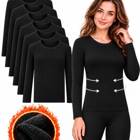 Women's 6-Pack Fleece Thermal Underwear Tops - Long-Sleeved Round Neck, Soft Polyester Fiber, Plain Solid Style, Elegant Lady Winter Base Layers
