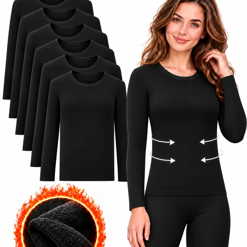 Women's 6-Pack Fleece Thermal Underwear Tops - Long-Sleeved Round Neck, Soft Polyester Fiber, Plain Solid Style, Elegant Lady Winter Base Layers