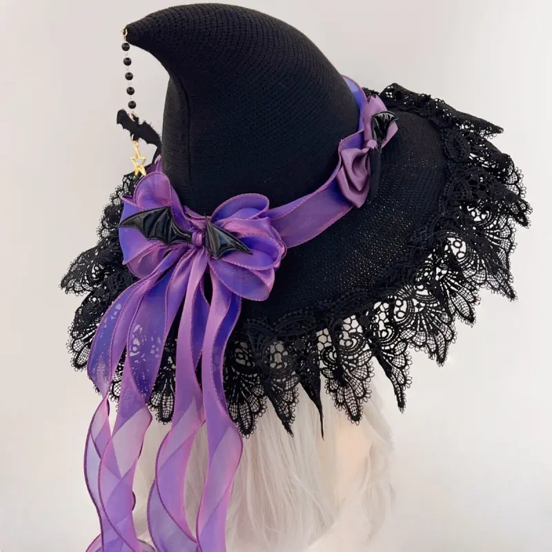 Halloween themed headwear handmade dark demon bat gothic style witch lace witch hat witch witch hat headwear lace dressing props Party Event Props Party Accessory Party Hats