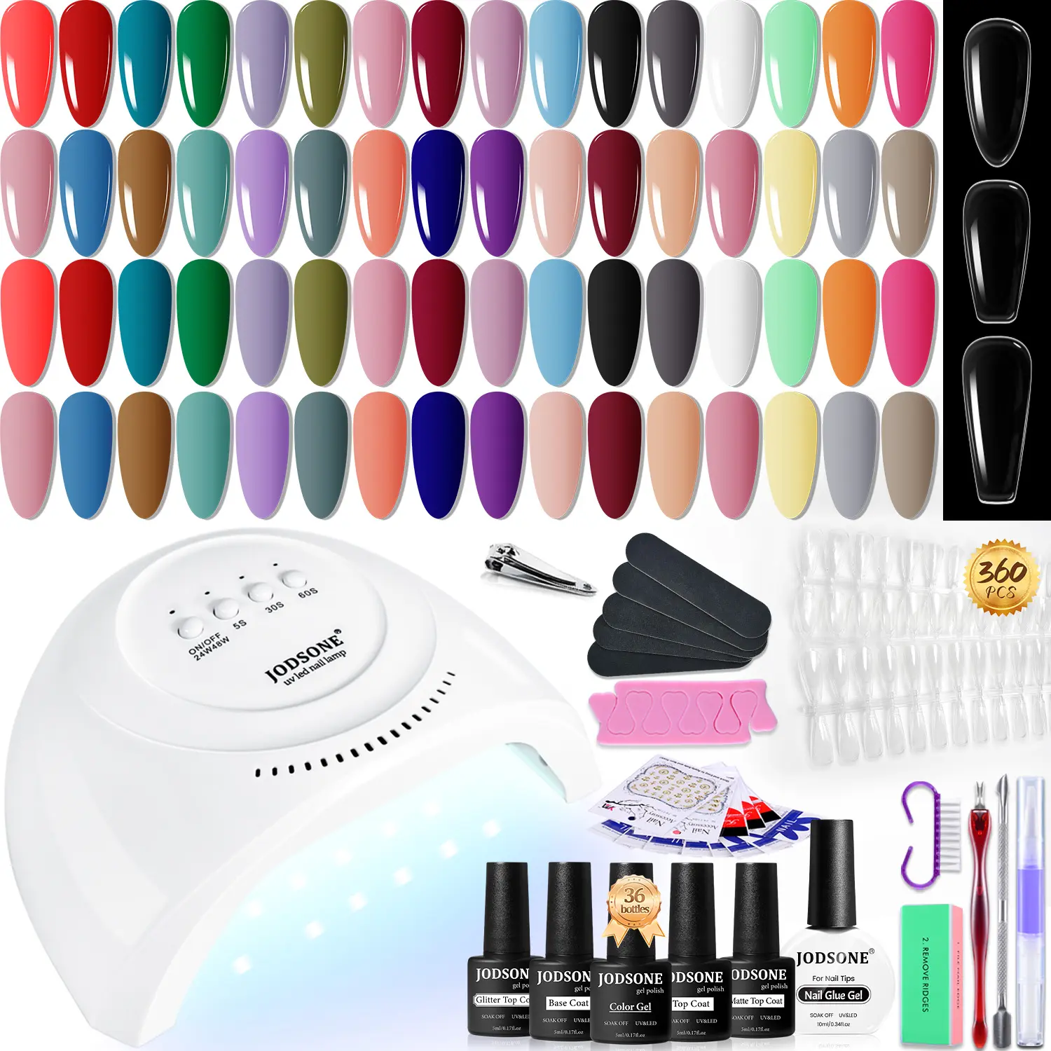 JODSONE 32 Color Gel Nail Polish Kit with U V Light with Base Coat Glossy Matte Glitter Top Coat 3 Kind of False Nail Tips with Glue for gifts