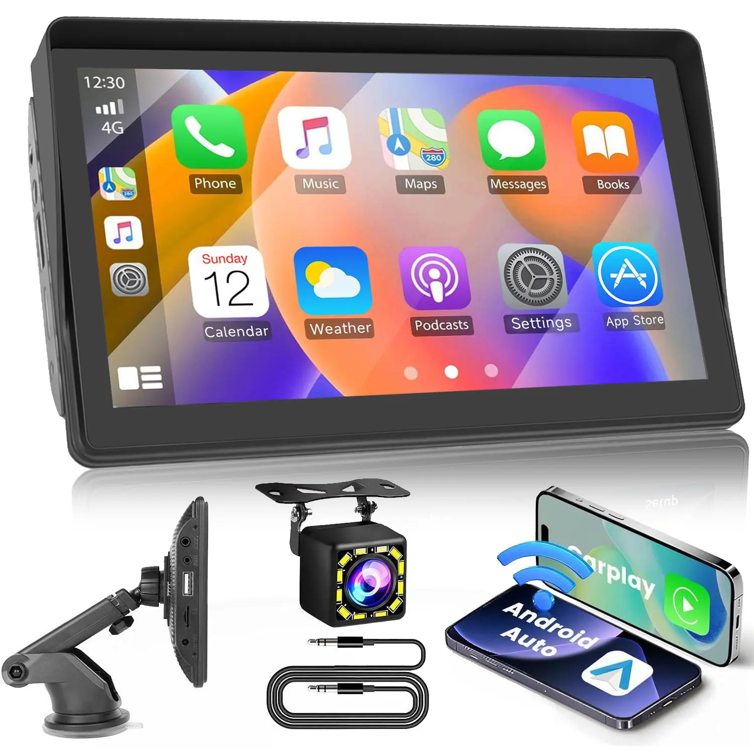 Summervibes 7 In Portable Wireless CarPlay Adapter Touchscreen Car Radio for Cars - Universal Fit Auto Accessories with Bluetooth, Touchscreen UI, Equalizer, Android Auto, GPS Navigation, FM Transmitter, Hands-Free Calling, Backup Camera Compatibility, Ca