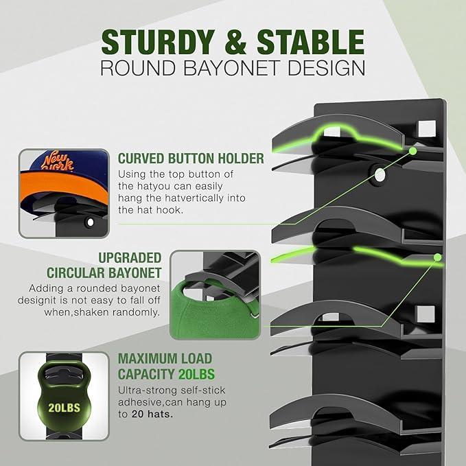 2-Pack Wall-Mounted Hat Organizer | Baseball Cap Rack (Black), Adhesive valentine's gift for bf，Mount, Stable Structure, Holds 20 Hats, Easy Access & Installation, Hanging Display for Closet, Door & Bedroom，