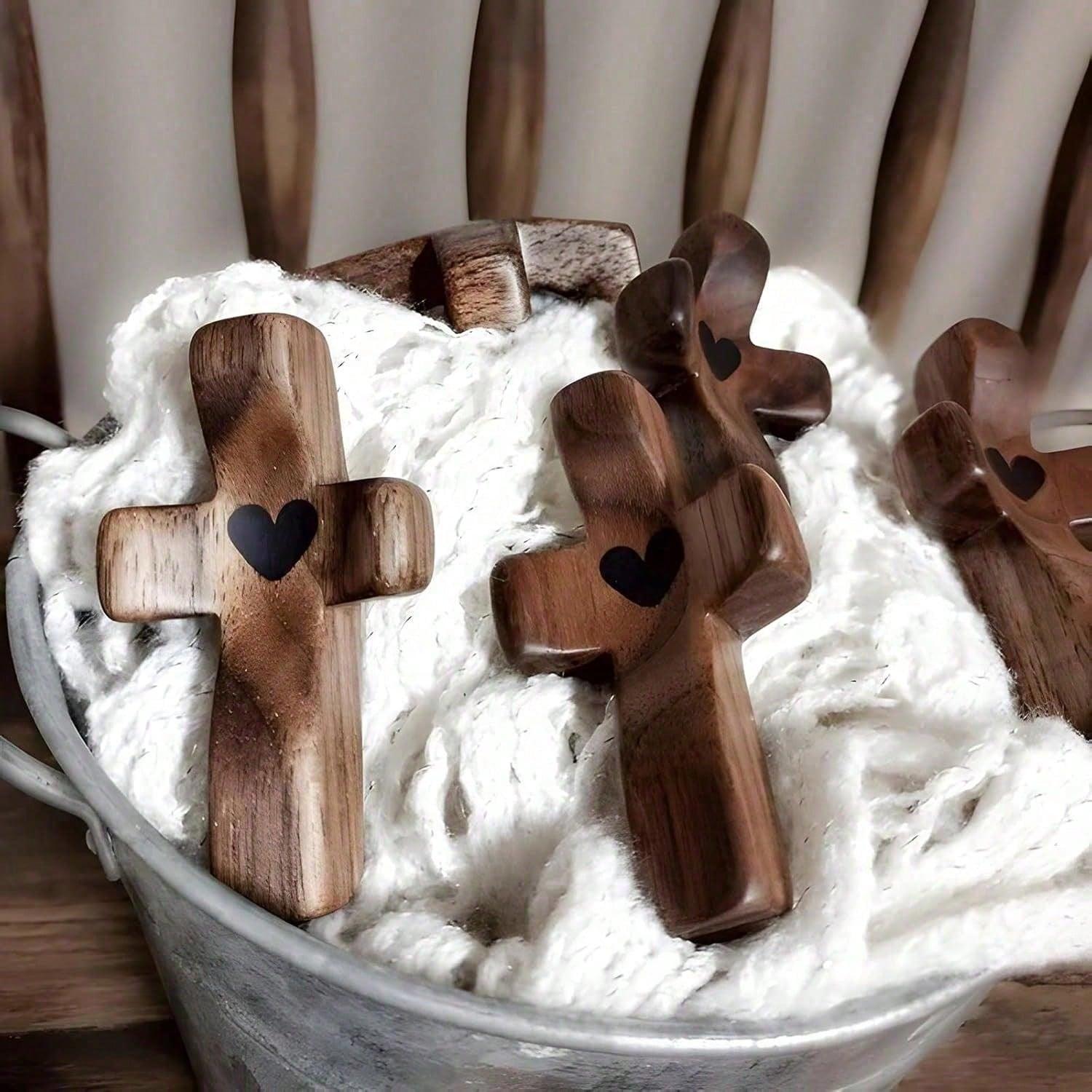 Handmade (3/6/10/20) Pcs Pocket Wooden Cross Fidget | Wooden Cross My Heart - Religious Ornaments Gift for Children and Adults, Rustic Style Decor Pocket Olive Worpo Cross Set for Christian Faith, Baptism, Prayer