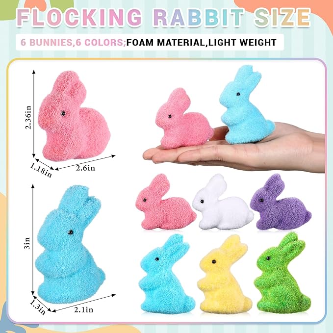 Pastel Flocked Easter Bunny Figurines - 7/6/4 Pcs Cute Velvet Rabbit Statues Set with Bow Ties, Adorable Easter Decor 2026 Bunny in Multiple Sizes & Poses for Tiered Tray Decor Spring Table Centerpiece Shelf Mantel Display Home Party Gifts Basket Stuffers