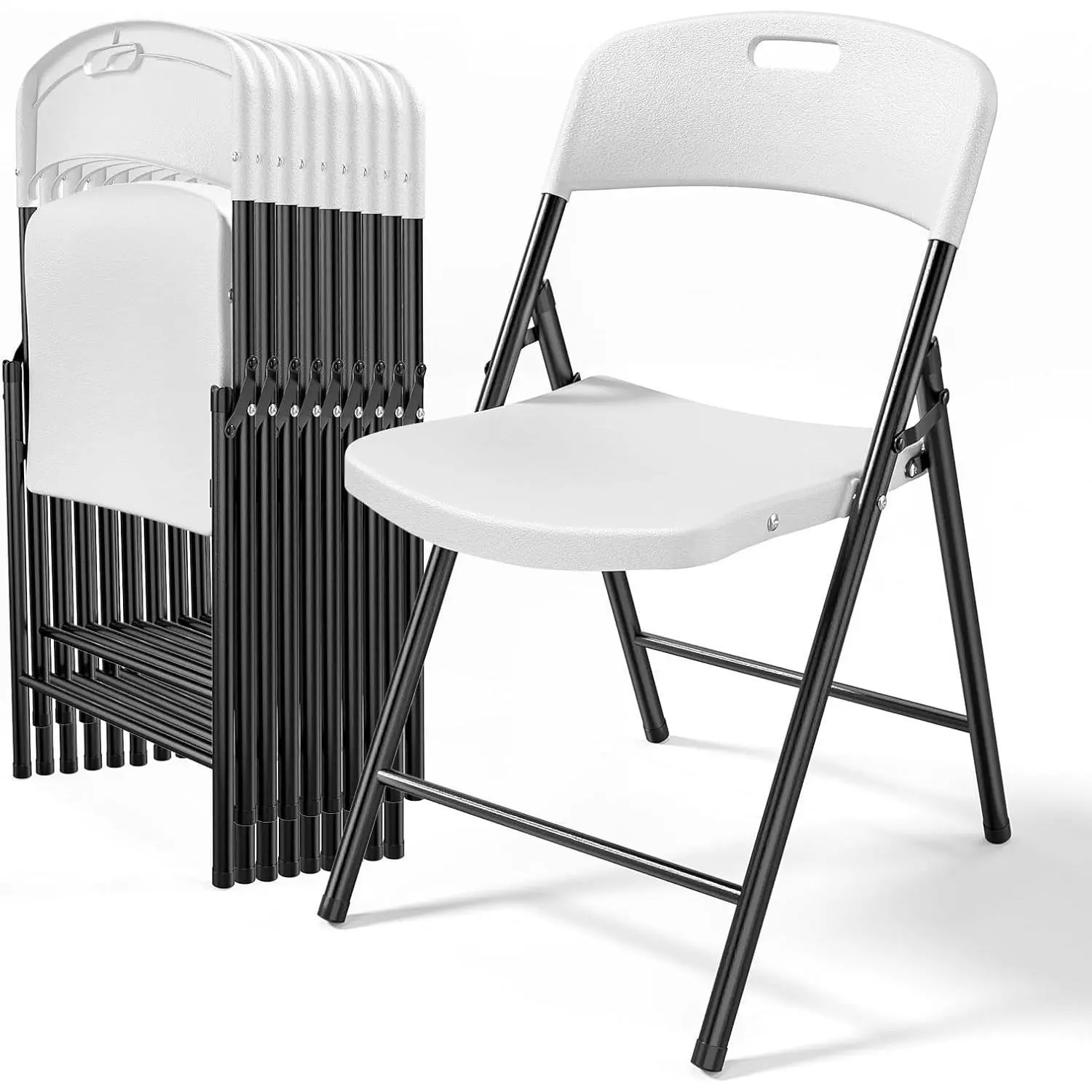 10-Pack White Foldable Camping Chairs - Plastic Seats, Sturdy Steel Frame, Portable Space-Saving Furniture, 350lbs Max Weight Capacity for Parties & Camping