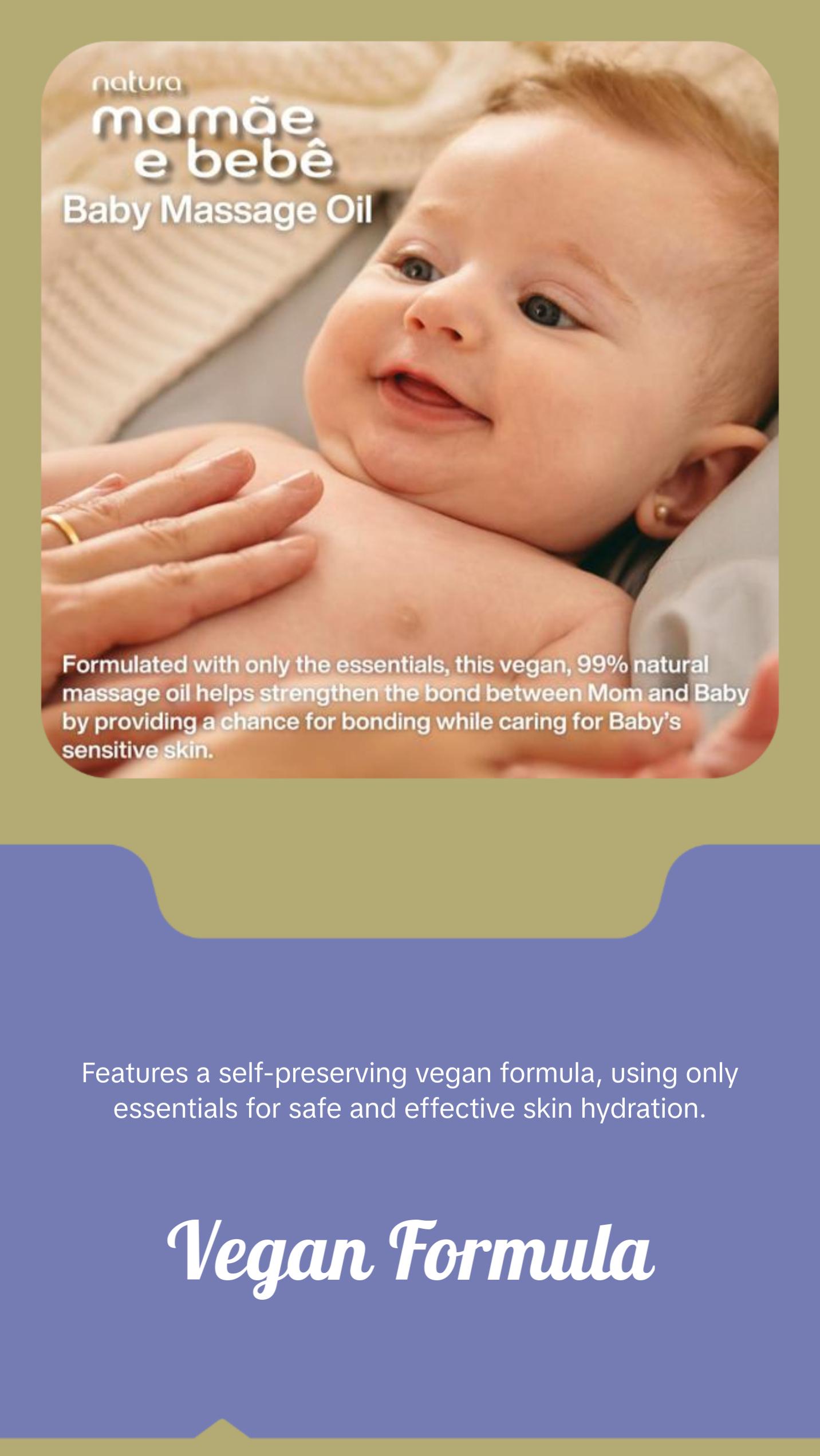 Natura Mamãe e Bebê Baby Massage Oil, Lightweight Vegan Formula, Hydrates & Softens Baby's Sensitive Skin, 3.3 fl oz