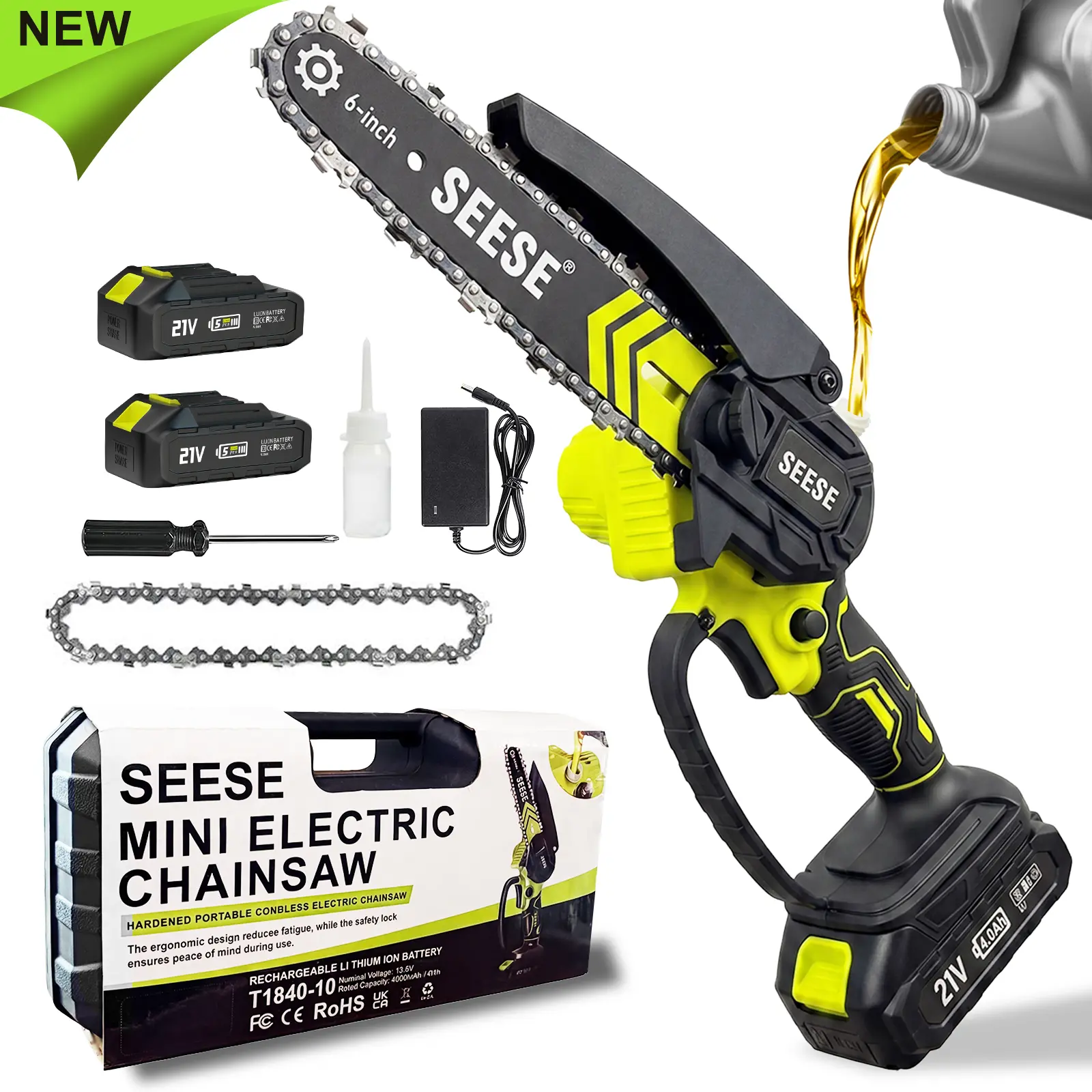 SEESE 6-Inch Brushless Mini Chainsaw with Automatic Oiling System, Portable Cordless Electric Chain Saw for Wood Cutting, Pruning, Gardening & Camping, 2000mAh Battery Included, Suitable for Seniors & Women
