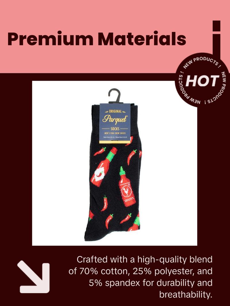 Parquet Men’s Hot Sauce & Chili Pepper Novelty Crew Socks – Black