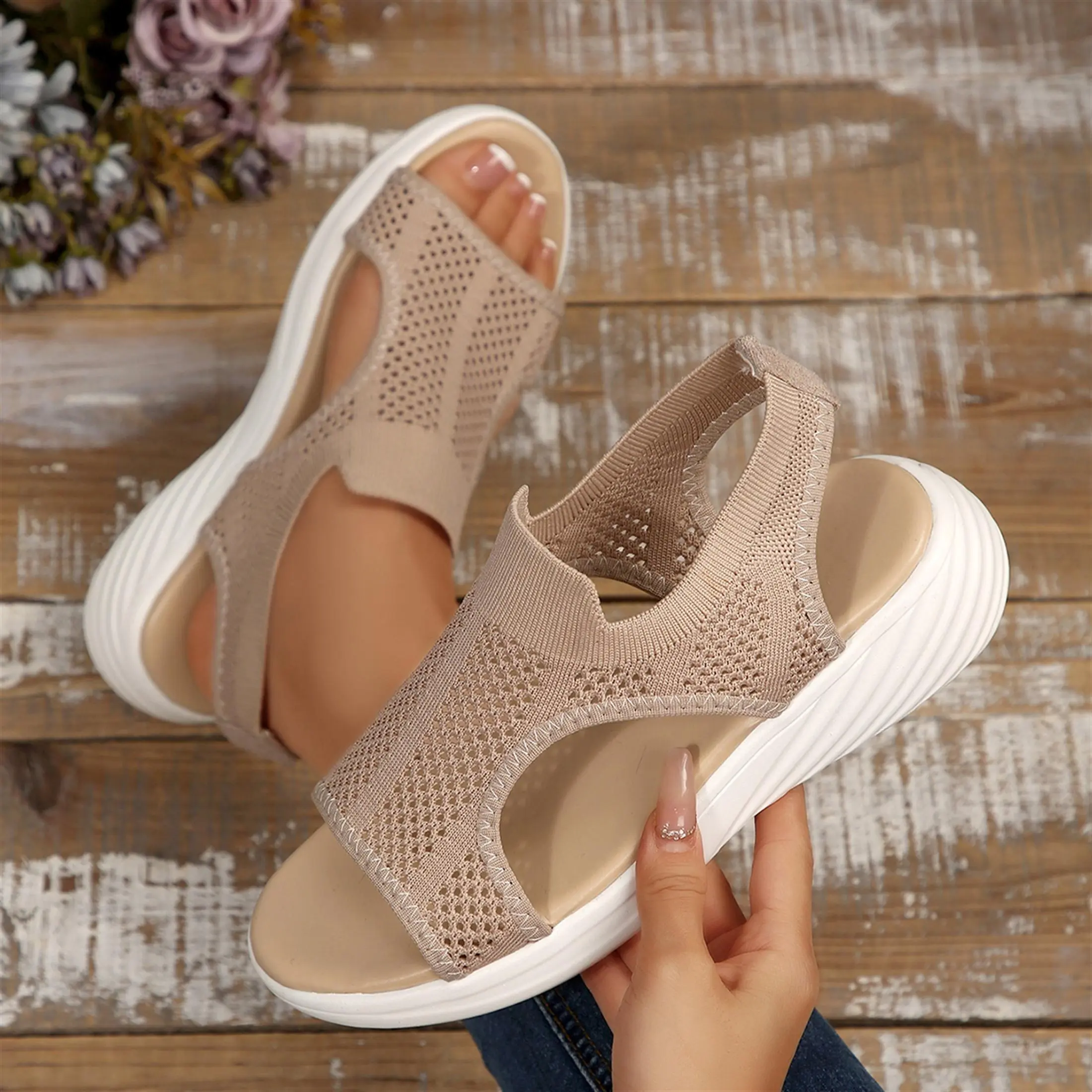 Women's Lightweight Sandals Elastic Knit Upper Wedge Summer Footwear Springfresh