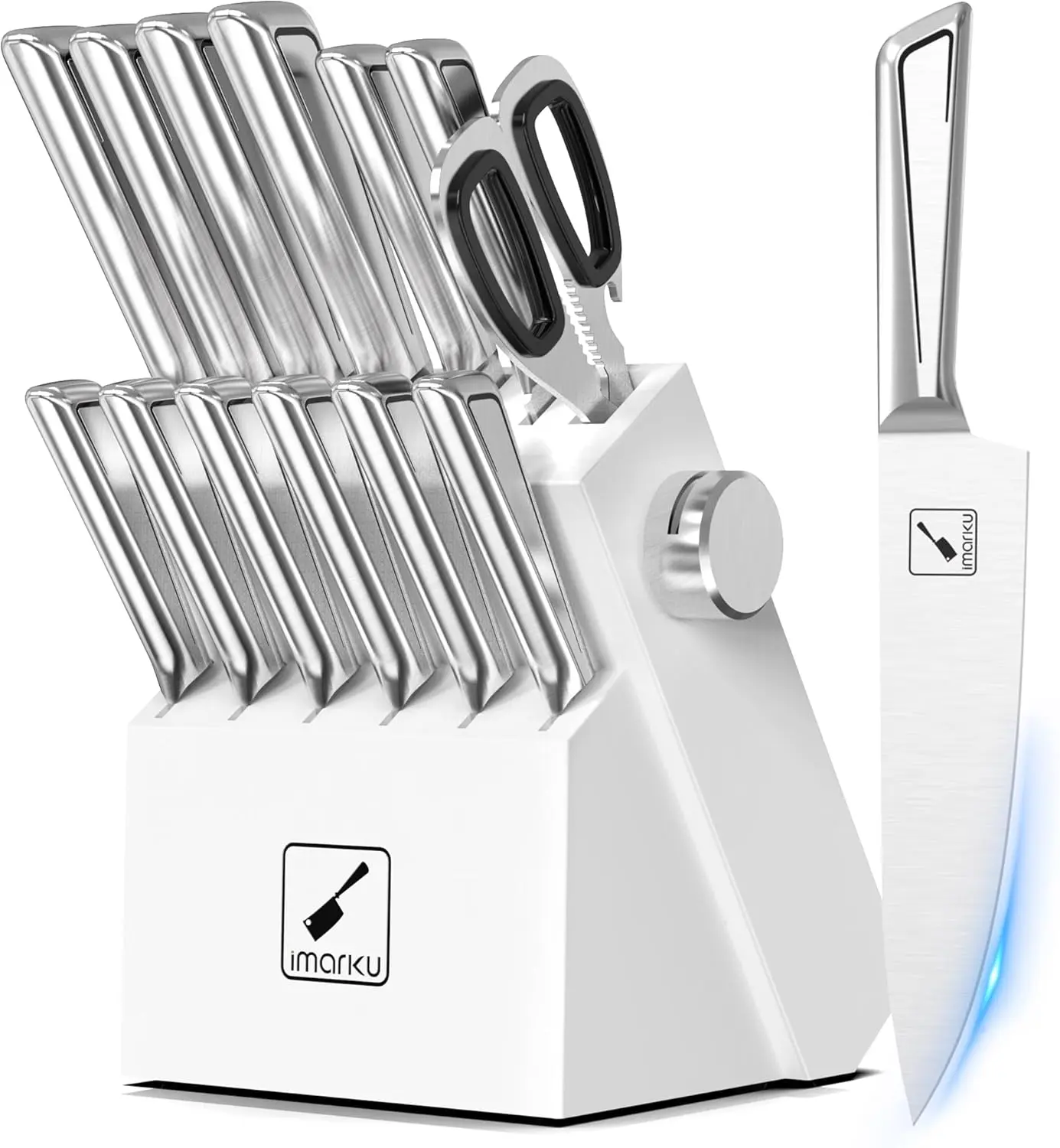 imarku 14 PCS Aesthetic Japanese Stainless Steel Kitchen Knife Set with Block - Built-in Sharpener, Non-slip Ergonomic Handles, Dishwasher Safe for Home Chopping, Steak Blade Use, Knives Kitchen Set