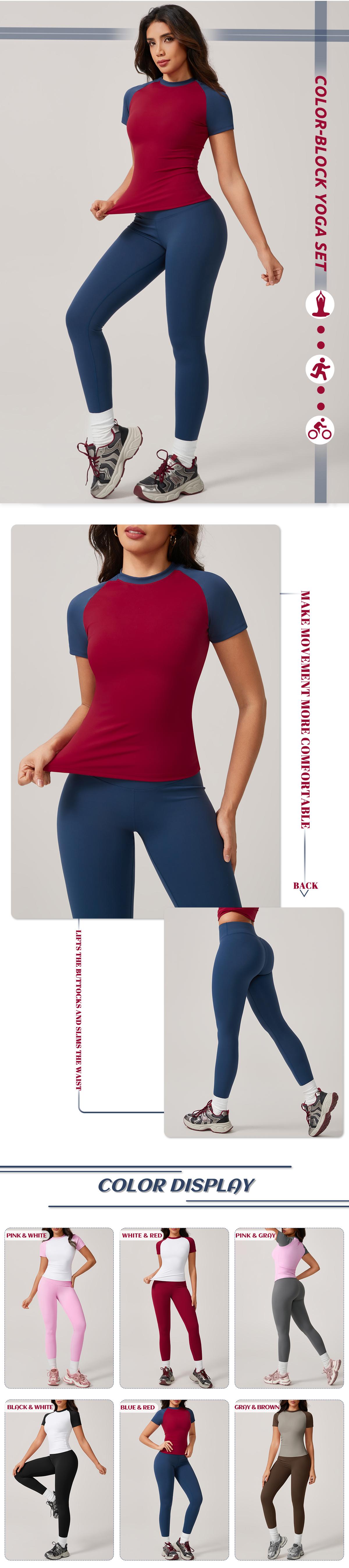 TimeOFF Women's Raglan Sleeve Color - Block Fitted Top & High - Waist Leggings Set for Stretchy Breathable Athletic Outfit for Yoga, Gym Workouts, Pilates and Casual Wear Sports Slim-Fitting sporty