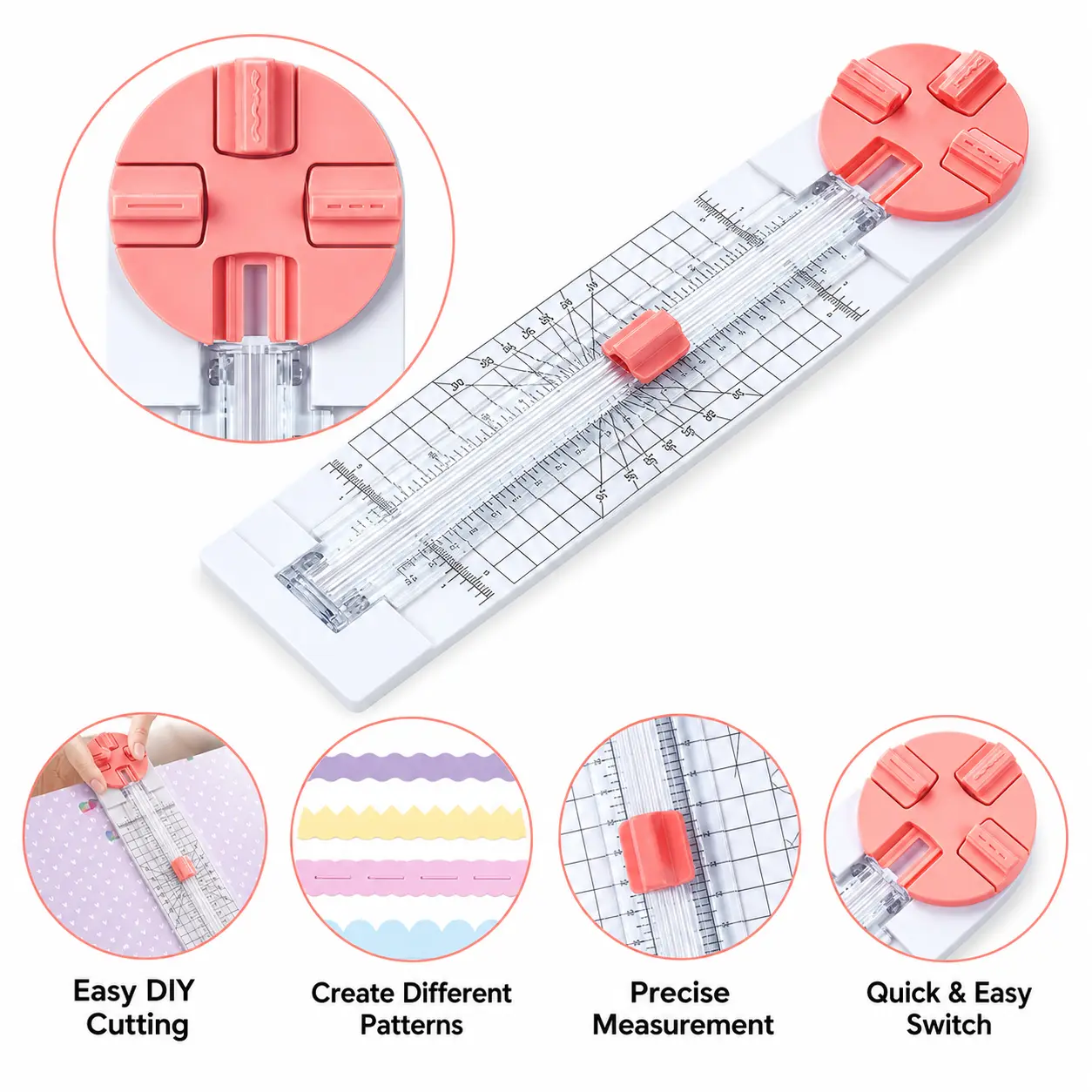 Pink 4-in-1 rotary paper cutter with a hidden blade, supports straight/wavy/puncturing/creasing cuts, includes inch markings and an angle guide plate, suitable for scrapbooking, card making, and photo projects.