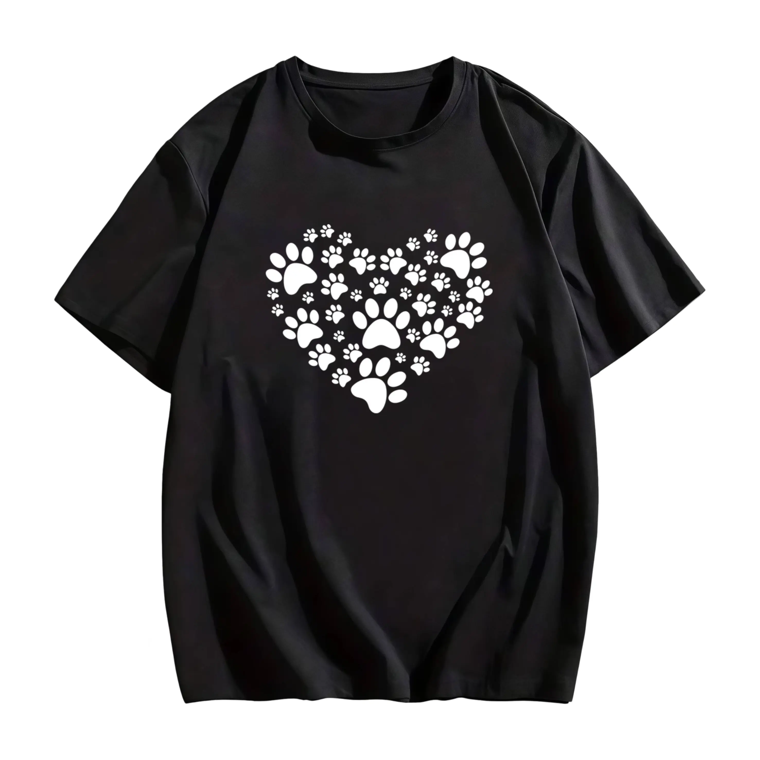 Women's Cute Paw Print & Bone Heart T-Shirt - Retro Pet Lover Shirt with Paw & Bone Design,  Casual Round Neck Tee for Dog Owners, Christmas Halloween Gift, All-Season Wear