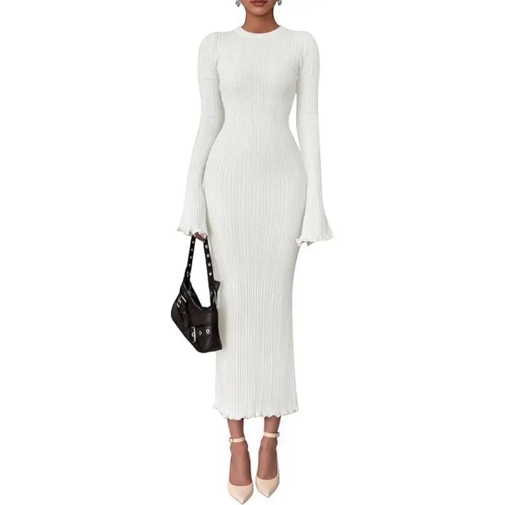 PrettyGarden Womens Sweater Dress Fall Casual Boat Neck Long Sleeve Pullover Ribbed Knit Bodycon Maxi Sweater Dresses