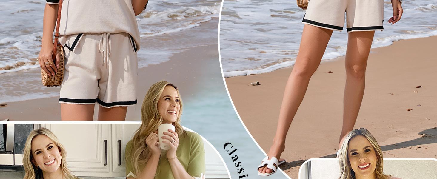 Ekouaer women's 2-piece knitted round neck short sleeved top with drawstring shorts set, 2-piece casual home wear